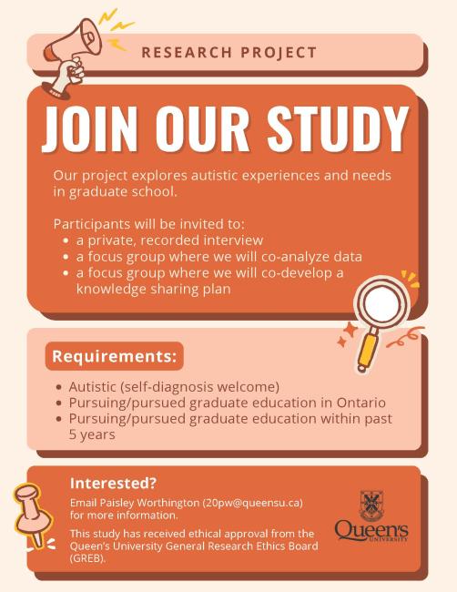 Queens University study flyer for autistic experiences in graduate school